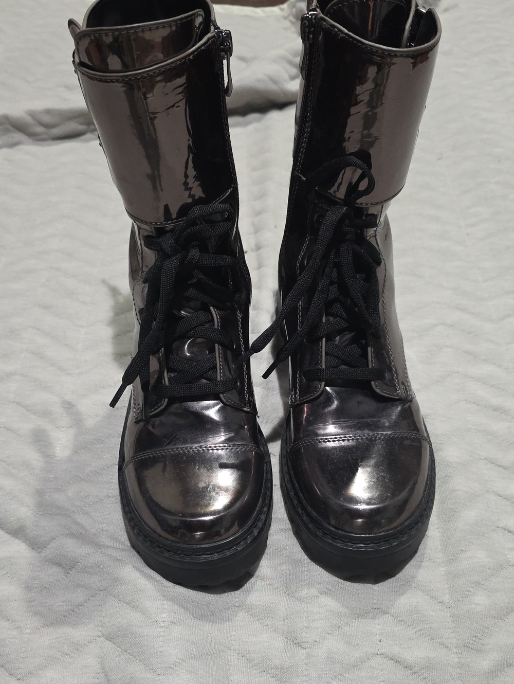 DKNY Metallic Gunmetal Lace-Up Combat Boots